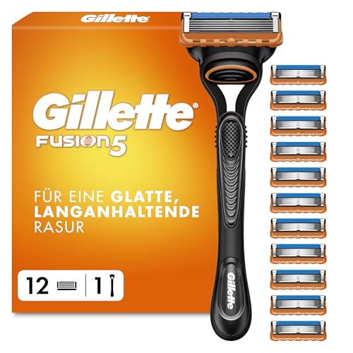 Gillette Fusion 5 Rasierer Herren, Nassrasierer, Metall, Schwarz - Herrenrasierer, Inkl. 1 Handstück, 12 Rasierklingen mit Gleitstreifen Und 5 Klingen für Eine Gründliche, Langanhaltende Rasur