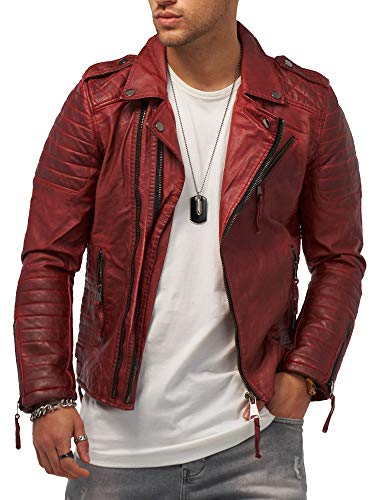 Rello & Reese Herren Kunst-Lederjacke schwarz Jacke Biker-Style Übergangsjacke Stehkragen MT-88 (S, Weinrot)