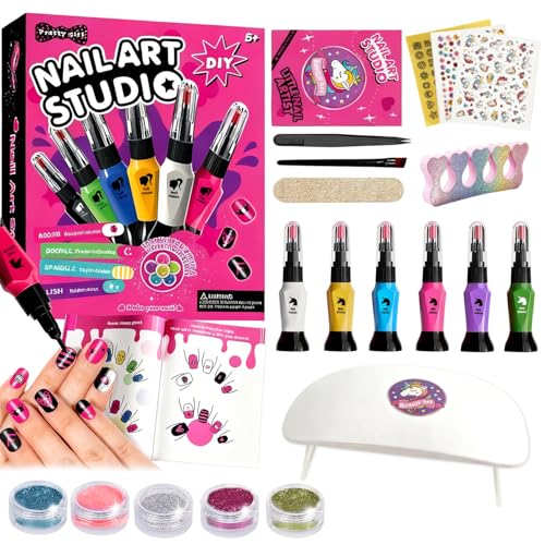 Nagellack für Kinder, Geschenk Mädchen 5-12 Jahre, 3-in-1 Nagellackstift Nageltrockner Set mit 6 Farben, Ungiftiges Nagelstudio-Set für Mädchen ab 5 Jahren, Geburtstagsgeschenk für Kinder