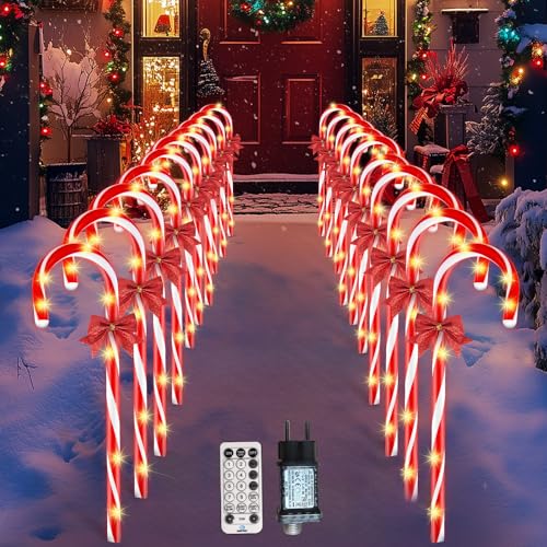 LED Lichterkette Zuckerstangen, 20 Stück Warmweiße LEDs Zuckerstangen Beleuchtet, 12 Beleuchtungsmodi Weihnachtsdekoration für Garten/Balkon (Warmweiß, Außen & Innen)