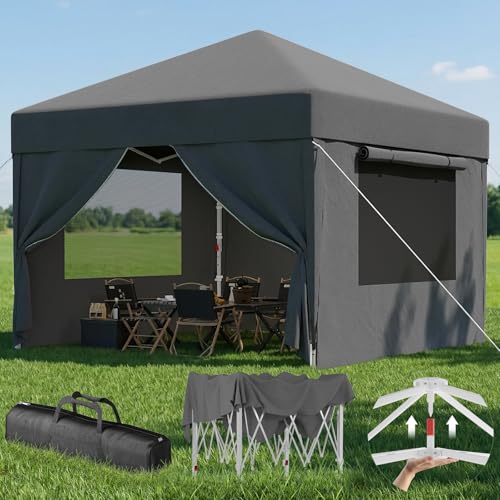 Devoko Belüftetes Netzfenster Faltpavillon, Pavillon 3x3 wasserdicht stabil Winterfest, Pop up Pavillon mit Seitenwänden, UV Schutz 50+, Partyzelt für Gärten, Innenhöfe, Camping. Dunkelgrau