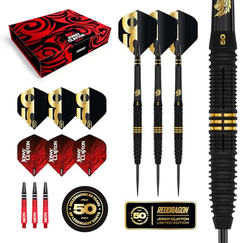 RED DRAGON Darts - 50 Jahre Jubiläums Spieler Edition - Jonny Clayton 'The Ferret' 22g - 90% Wolfram - Professionelles dartpfeile metallspitze Satz - Enthält Steeldarts Pfeile Flüge und Dart Schäfte