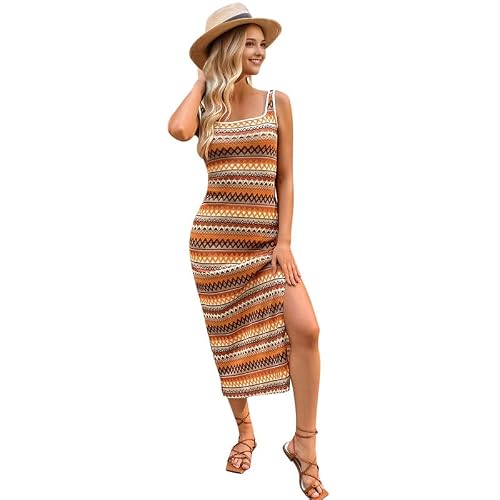 Boodtag Damen Sommer Strickkleid Strandkleid Lang Ärmellos Schlitz Bodycon Bohemian Sommerkleid mit Trägern Elegant Vintage UK Damen Strick Gestreiftes Kleid für Strandparty, Orange, L
