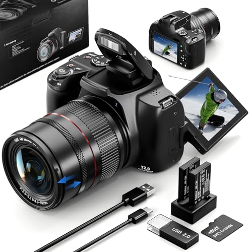 72MP 4K Digitalkamera mit 12X Optischem Zoom, WLAN, Autofokus & 3-Zoll-Flip-Bildschirm, Digitalkamera für Fotografie & Video, 2 Akkus + 32GB TF-Karte – Ideale Kamera für Anfänger & Vlogger (Schwarz)
