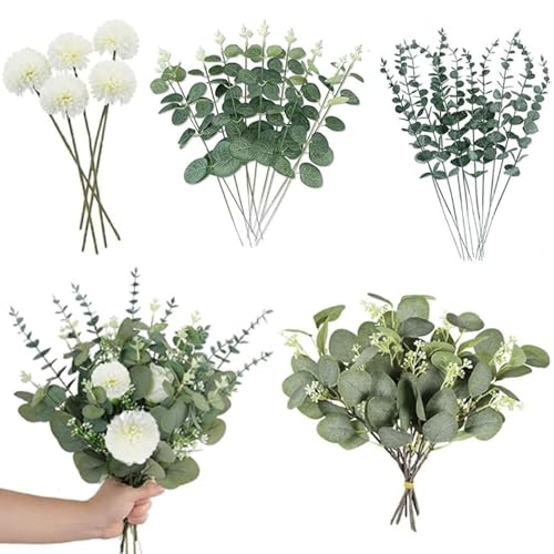 RPHONGHONG 30 Stück Künstliche Eukalyptus und Kunstblumen, Künstliche Zweige Eukalyptus DekoDekozweige Kunstblumen Hortensien Blumen für Hochzeit Tafelaufsatz Blumengesteck Home Dekoration