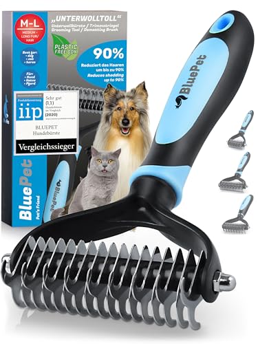 BluePet Hundebürste Unterwolle langhaar & Katzenbürste langhaar I Unterwollkamm entfernt Unterwolle & Verfilzungen I Deckhaarschutz & Knoten Entfernen I Unterfellbürste Hunde für Fellwechsel