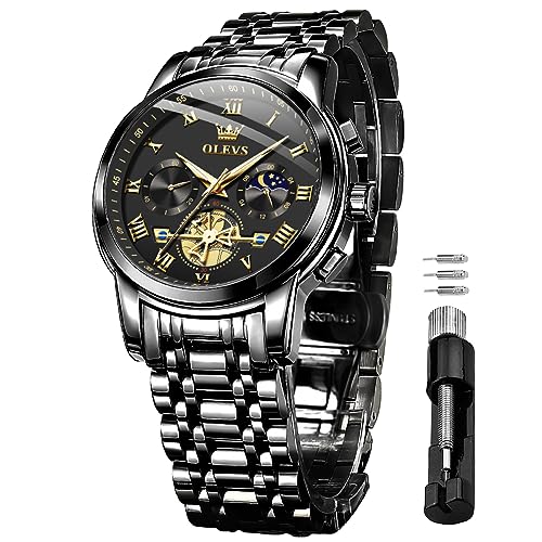 OLEVS Herrenuhren Schwarz Edelstahlarmband Quarz Uhr Männer mit Römischen Zahlen Mondphase Wasserdicht Leuchtende Klassische Elegantes Armbanduhr Geschenk Sale Marken