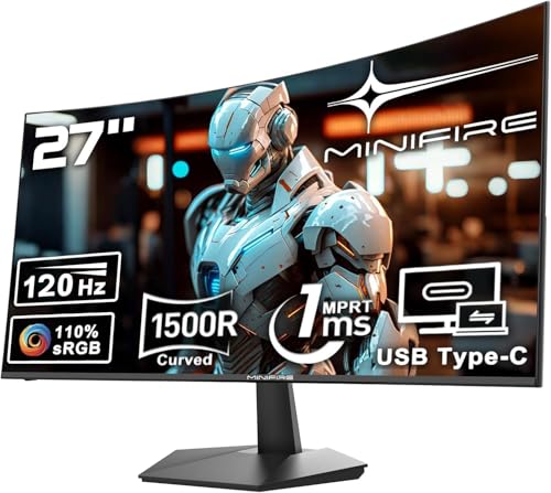 Minifire Curved Monitor 27 Zoll 120Hz, PC Bildschirm mit Lautsprecher -1500R FHD (1920 x 1080p) VA Panel, MPRT 1ms, sRGB110%, Less Blue Light, HDMI 1.4, Type-C 2.5W, unterstützt VESA - Schwarz