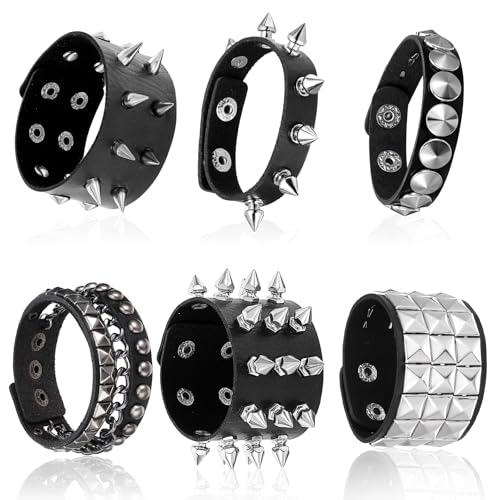 DSLSQD 6 Stück Punk Besetztes Armband Gothic Punk Nietenarmband PU Lederarmband Nietenarmband Emo Accessoires Nieten Armbänder für Männer Frauen Cosplay Party Halloween Weihnachten Kostümparty