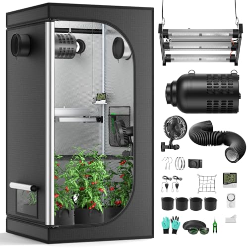 Yigowyigo Growzelt Komplettset 160x80x80cm, 150W LED Dimmbar FSS1500 Grow Lampe mit Aktivkohlefilter Belüftungssystem Growzelt Kit Komplettes mit Temperatur Controller Hydroponics Grow Zelt