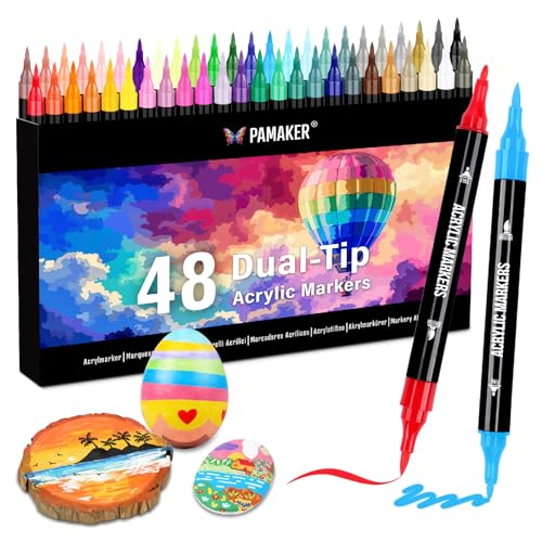 Pamaker 48 Farben Acrylstifte Set – Acrylmarker mit feiner Spitze und Pinsel für Stoff, Leinwand, Glas, Holz und Papier – Ideal für Kinder und Erwachsene, zum Zeichnen und DIY-Bastelprojekte