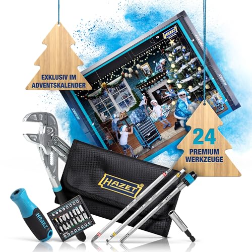 HAZET Adventskalender I 24-teiliger Premium Werkzeug-Satz inkl.Zangenschlüssel, praktischer Gürteltasche, Bit-Halter und Bit-Satz I Weihnachtskalender für jeden Schrauber