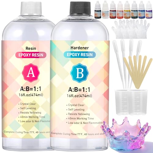 Smatdecis Epoxidharz Set, 948 ml (32oz) 1: 1-Verhältnis Transparent & Hochglanz Epoxy Resin - Kristallklar Kunstharz-Beschichtung Epoxidharz Set Anfänger Gießharz inkl. 8 Farbpigmente