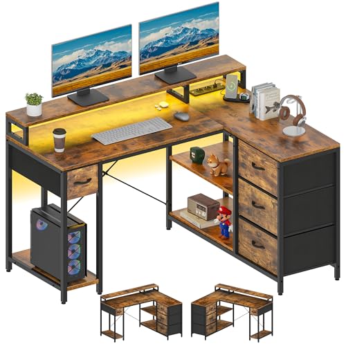 YITAHOME L Form Schreibtisch mit USB Ladeanschluss und Steckdose,Reversible Eckschreibtisch mit 4 Schubladen und Regal,Gaming Schreibtische mit Monitorständer,140x100 cm Computertisch für Büro,braun