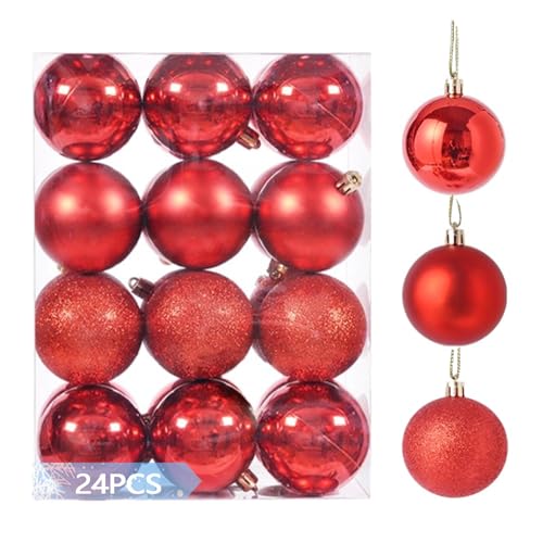 Weihnachtskugeln Set, 24 Stück, 4cm Durchmesser, Bruchsicher, 3 Stile, Christbaumschmuck für Weihnachten/Halloween/Hochzeit/Geburtstag (Red)