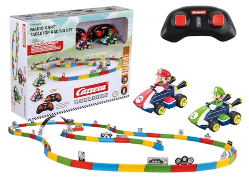 Carrera RC Fahrzeug Mario Kart Tabletop Racing Set | RC-Karts von Mario & Luigi – 6,2 cm mit 2,4-GHz-Steuerung, Streckenelementen & Deko | Bis 5 km/h | Für Kinder ab 6 Jahren – Ready to Run
