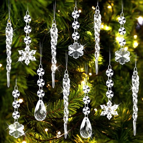 21 Stück Christbaumschmuck Schneeflocken Eiszapfen Anhänger, Acryl Eiszapfen Weihnachtsbaumschmuck, Kristall Ornamente Weihnachtsbaum Deko, Weihnachten Baumschmuck für Winter Dekoration
