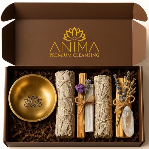 Anima Premium Räucherset – Weißer Salbei Räuchern, Palo Santo Räucherholz, Bergkristall & Selenit mit Räucherschale für Kristalle & Hausreinigung, Meditation & Manifestation