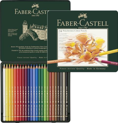 Faber-Castell - Polychromos Buntstifte Set 24 Farben Metalletui | 24 Künstlerfarbstifte mit 3,8 mm Mine, säurefreie Pigmente, hohe Farbbrillanz im Metalletui