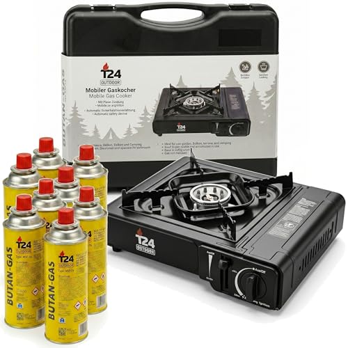 T24 Gaskocher Set inkl. 8x Gaskartuschen 227g & Koffer | Mobiler Campingkocher mit Piezo-Zündung & Flammenschutz | Tragbarer Butangas Kocher für Camping, Outdoor & Notfall | Schwarz Matt