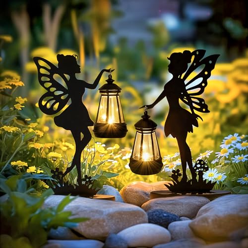 GIGALUMI Eiserne Feenstatue, Gartenornamente, für den Außenbereich mit solarbetriebenen Lichtern, wasserdichte Gartenstatue, Dekorationen für Terrasse, Hof, einzigartig für Mutter（2 Stück）