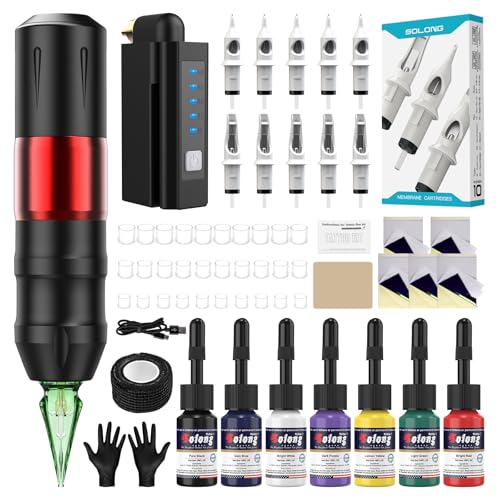 Solong Profi Tattoo Kit – Rotary Tattoo Maschine Set mit 10 Patronen Nadeln, 7 Tintenflaschen & 1500 mAh Akku, ideal für Anfänger und professionelle Tätowierer EF-TKP752BEU-2