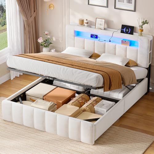 AOGLLATI Polsterbett 140x200 mit Stauraum,Hydraulisches Bett mit LED-Bleuchtung und Ladestation Jugendbett Doppelbett Bettgestell mit Kopfteil aus Samt-Ohne Matratze (Beige Samt, 140x200cm)