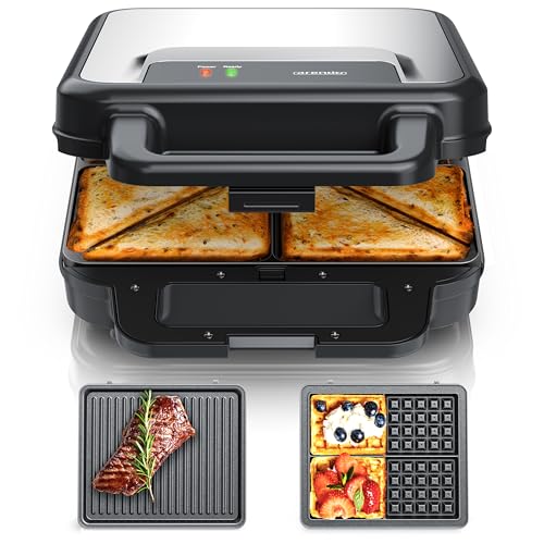 Arendo - Sandwichmaker XXL 4er - 3 in 1 Waffeleisen Kontaktgrill mit abnehmbaren Platten - mit Antihaftbeschichtung - BPA frei - Temperaturkontrolle – Sandwichtoaster - 4er Platten