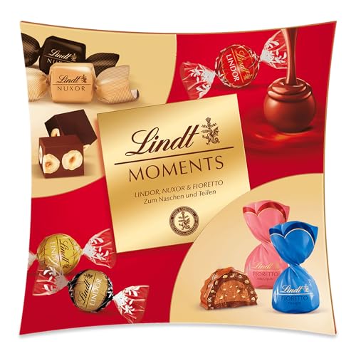 Lindt Schokolade | Lindt Moments Box | 223g | Raffinierte Mischung aus feinsten LINDOR Kugeln, nussigen NUXOR Würfeln und knusprigen FIORETTO | Schokoladen-Geschenk