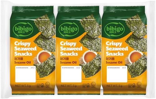 Bibigo Seealgen Snack Sesam – Geröstete Seelagenblätter mit Sesam – Ideal als Snack oder Beilage – 3 x 5 g