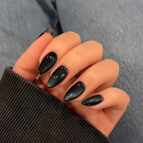 KQueenest Cat Eye Press On Nails - Schwarz Nägel zum Aufkleben Mandel Mittel, Sparkle Glitzer Fake Nails Set, Luxus Bling Acryl Künstliche Fingernägel zum aufkleben für Frauen, 30 Stück