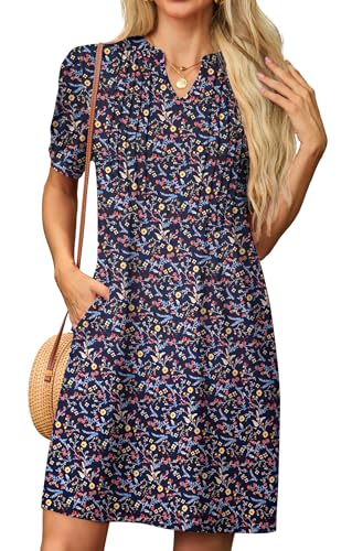 GRECERELLE Sommerkleid Damen Kurzarm V-Ausschnitt Etuikleider T-Shirt Minikleid Tunika Kleid Dresses for Women Leichte Kurze Freizeitkleid Strandkleid mit Taschen (Dunkel Blau Mimose, L)