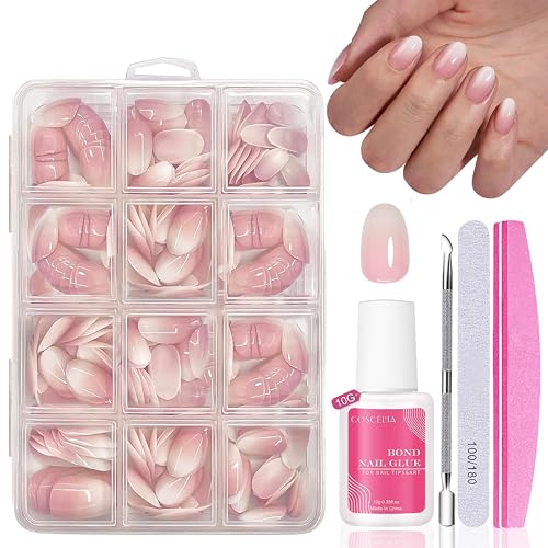 Nagel Tips Set - 240 Stück Französisch Falsche Nägel Zum Aufkleben - Weiß Rosa Gradient Design Nageltips Full Cover Fake Nails soft gel Natürliches & Angenehmes Tragegefühl, 12 Größen (Pink Mandel)