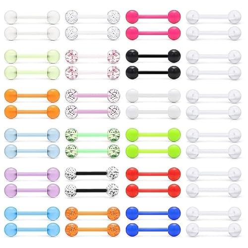 Colexy 48 Stück Kunststoff Zungenpiercing, 14G Zungenpiercing Brustwarzenpiercing, Brustwarzenpiercing Plastik Acryl, Nippelpiercing Barbell, Piercing Schmuck Leuchtend Neon Glitzer im Dunkeln