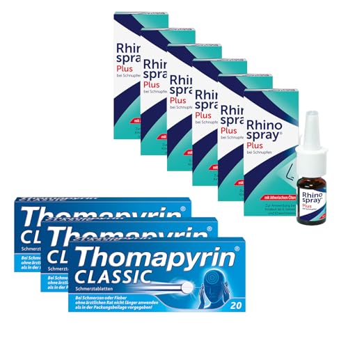 Thomapyrin CLASSIC bewährte 3-fach Kombination bei akuten Kopfschmerzen 3 x 20 Stk + Rhinospray PLUS Nasenspray bei Schnupfen mit Tramazolin & ätherischen Ölen 6 x 10 ml | Vorteils-Packung