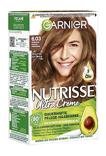 Garnier Nutrisse Ultra Creme Dauerhafte Pflege-Haarfarbe 6.03 Natürliches Goldenes Dunkelblond mit bis zu 100 Prozent Grauabdeckung
