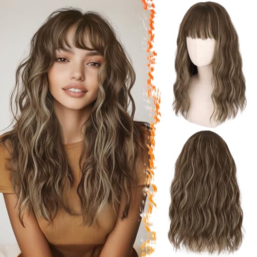 BARSDAR Mittellange Perücke mit Pony, 46 cm, gewellt, gelockt, Highlight, Perücke mit Pony, für natürliche Frauen, hitzebeständiges Kunsthaar, Braun gemischt Blond
