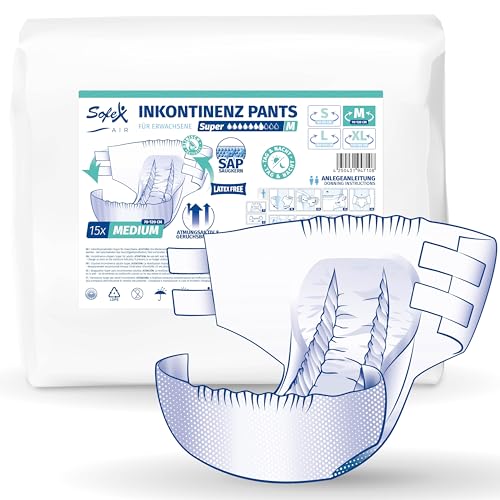Sofex Air Inkontinenz Windeln für Erwachsene, Größe M/L, 15 Stück, Saugfähige Windelhosen, Unisex Windel, zum Kleben, latexfrei, Inkontinenz Windeln für Männer und Frauen Größe M, Größe M