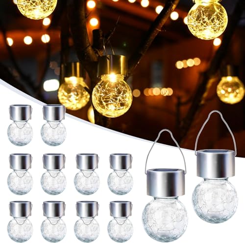 GIGALUMI 12 Stück Solar-Außenleuchten, Solar-Hängeleuchten für Weihnachtsdekoration, rissiges Glas, Solarleuchten für den Außenbereich, wasserdicht für Garten, Hof, Zaun, Baum (warmweiß)