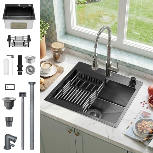 Küchenspüle Schwarz 45x40 cm, Edelstahl Küchenspüle Set und Zuberhor-Set, Multifunktion Spülbecken mit Seifenspender, Abtropfkorb und Ablaufgarnitur-Set, Anleitung