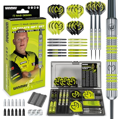 WINMAU - Professioneller Spieler - Michael Van Gerwen MvG Geschenkset - 20g Dartpfeile Metallspitze - 50-teiliges Profi Darts Set - Enthält 4 x Stiele, 4 x Flüge und Zubehör