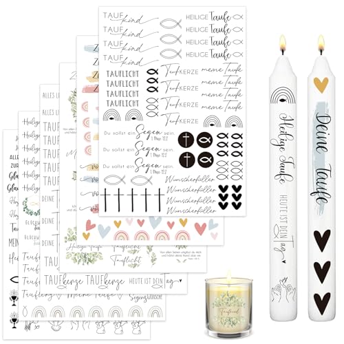 Kerzentattoos, 6 Stück A5 TaufkerzeKerzensticker,Taufe Deko,Kerzen Dekorieren Kerzen beschriften für Taufkerze basteln,Perfekte Dekoration für einzigartige Taufkerzen und handgemachte Kunstwerke