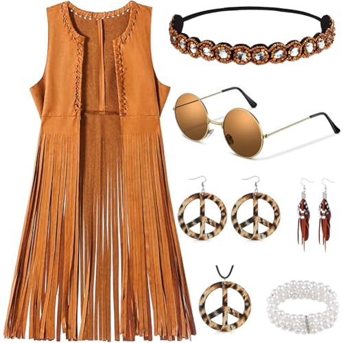 XCMVCN Hippie Kostüm Damen Set Fransen ärmellose Damen 60er 70er Jahre Halloween Kostüm Karneval Kostüm Disco Faschingskostüme 9 Stück Set (Braun, S)