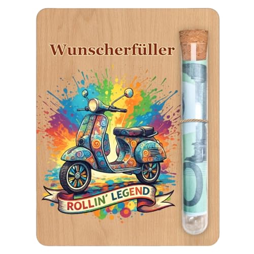 Motorrad Geschenke Holz Roller Retro Motiv für Männer Frauen Wunscherfüller Moped Zubehör Lustige Geschenkidee Geburtstag Motorrad Set mit Reagenzglas und Box hölzern 13x10cm