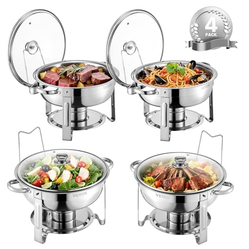VEVOR Chafing Dish Buffet Speisenwärmer mit 4 Behältern in voller Größe (4,7 L pro), runder Catering-Wärmespender mit Glasdeckel & Wasserpfanne & klappbarer Ständer, für Hochzeiten Buffet Silber
