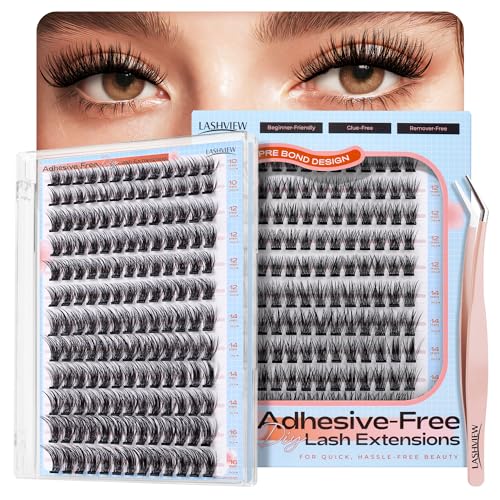 LASHVIEW Selbstklebende Wimpern, Press On 156Pcs Kein Kleber benötigt Wimpernbüschel Beinhaltet Büschel 1 Applikator Einfach aufzutragen Selbstanwendung zu Hause DIY Wimpernverlängerung Kit 10-16mm