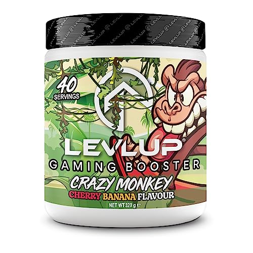 LevlUp Crazy Monkey Gaming Booster, Energie-, Fokus- und Konzentrationsgetränk für Gamer mit Taurin, Koffein, L-Tyrosin und Vitamin B12, Kirsch- und Bananengeschmack, 320 g, 40 Portionen