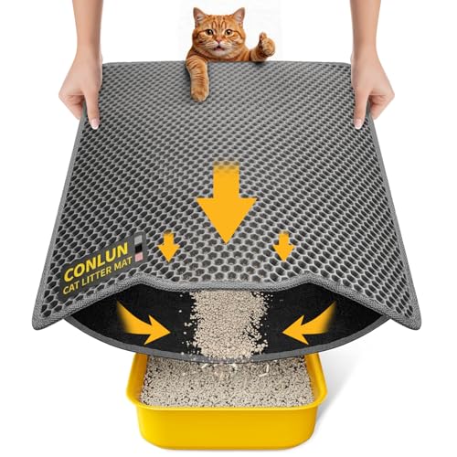 Conlun Katzenklo Matte, 58x42cm Waben Doppelschicht Katzenstreu Matte, Urin- & Wasserdichte Katzenmatte Katzenklo, Leicht zu reinigen, Rutschfeste Katzenmatte für den Boden, Grau, 2317