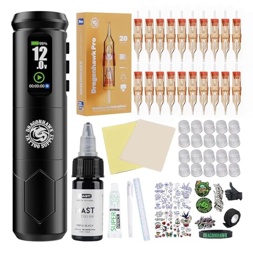 Dragonhawk A1 Pro Tattoo Maschine Set Kabellos Rotary Komplettset 4.0mm Stroke Length mit 2000mAh Akku & 20 Nadeln für Anfänger