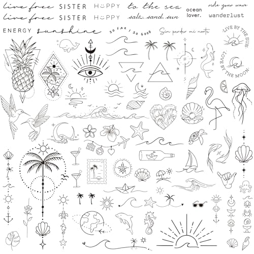 BETESSIN 3 Bögen Temporäre Tattoos 2 Wochen - Fake Tattoos mit 80+ Meer, Welle, Strand Motiven - Klebetattoos Erwachsene - Wasserfeste Tattoo zum Aufkleben für Sommerparty, Strandparty uvm.